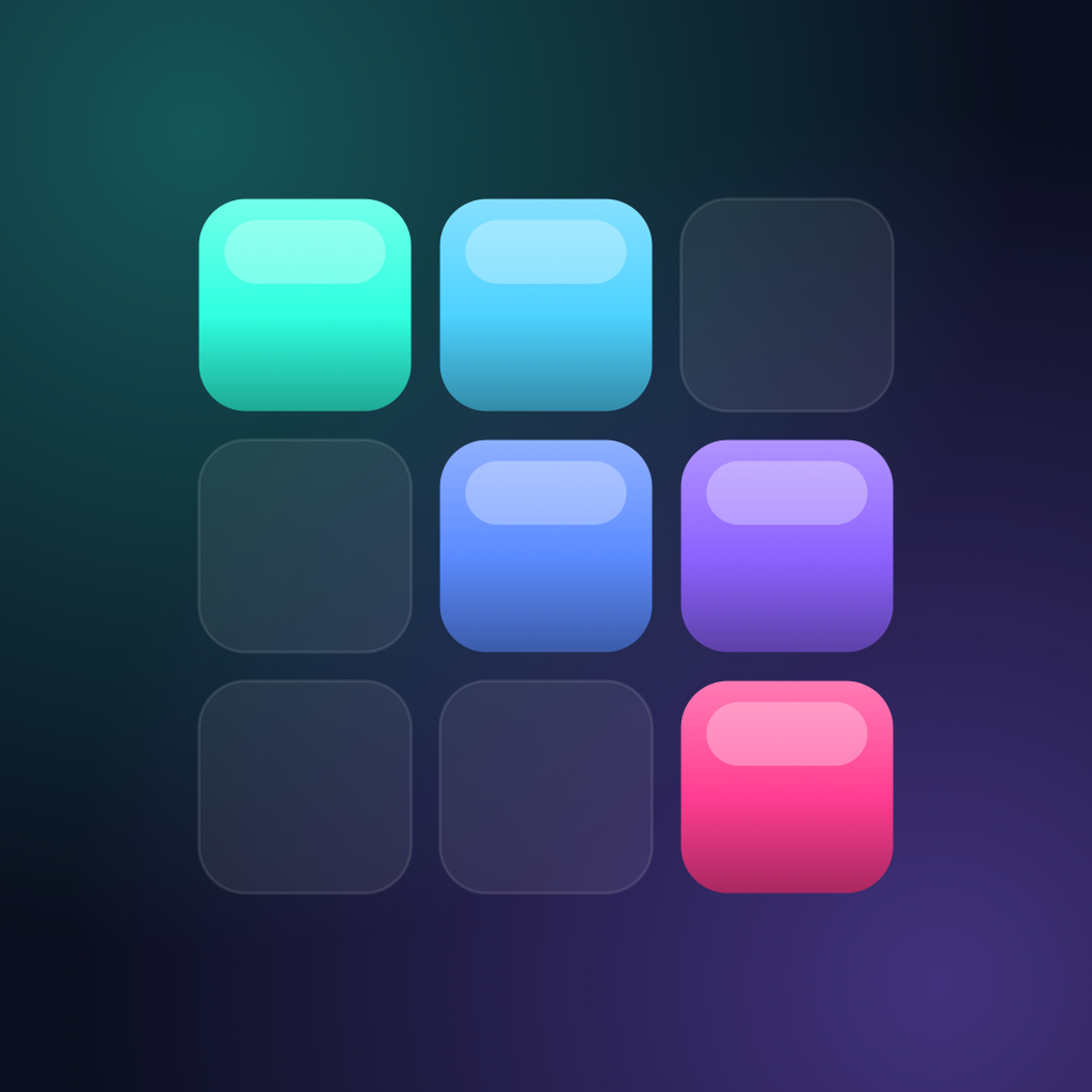 Blockwright app icon: glossy teal, blue, violet and pink blocks on a dark 3×3 grid