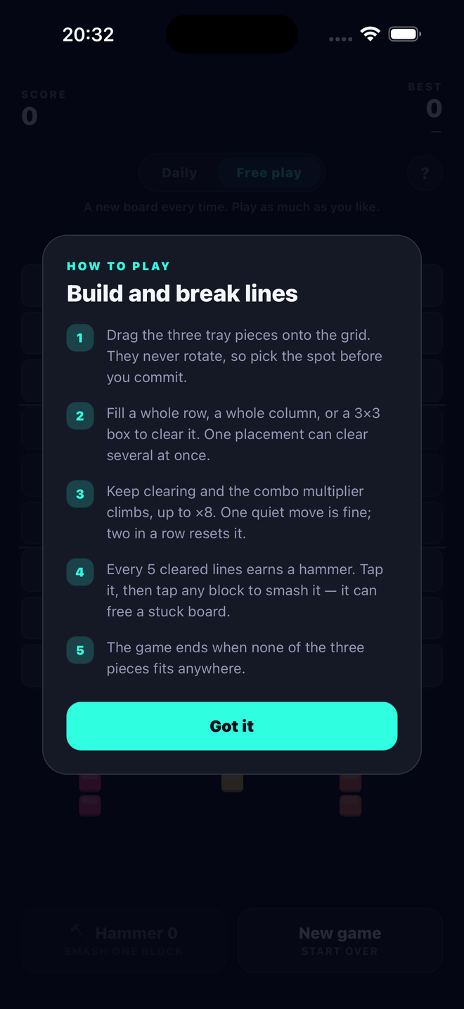 Blockwright's How to play card, explaining pieces, clearing lines, combos up to ×8, hammers, and when the game ends