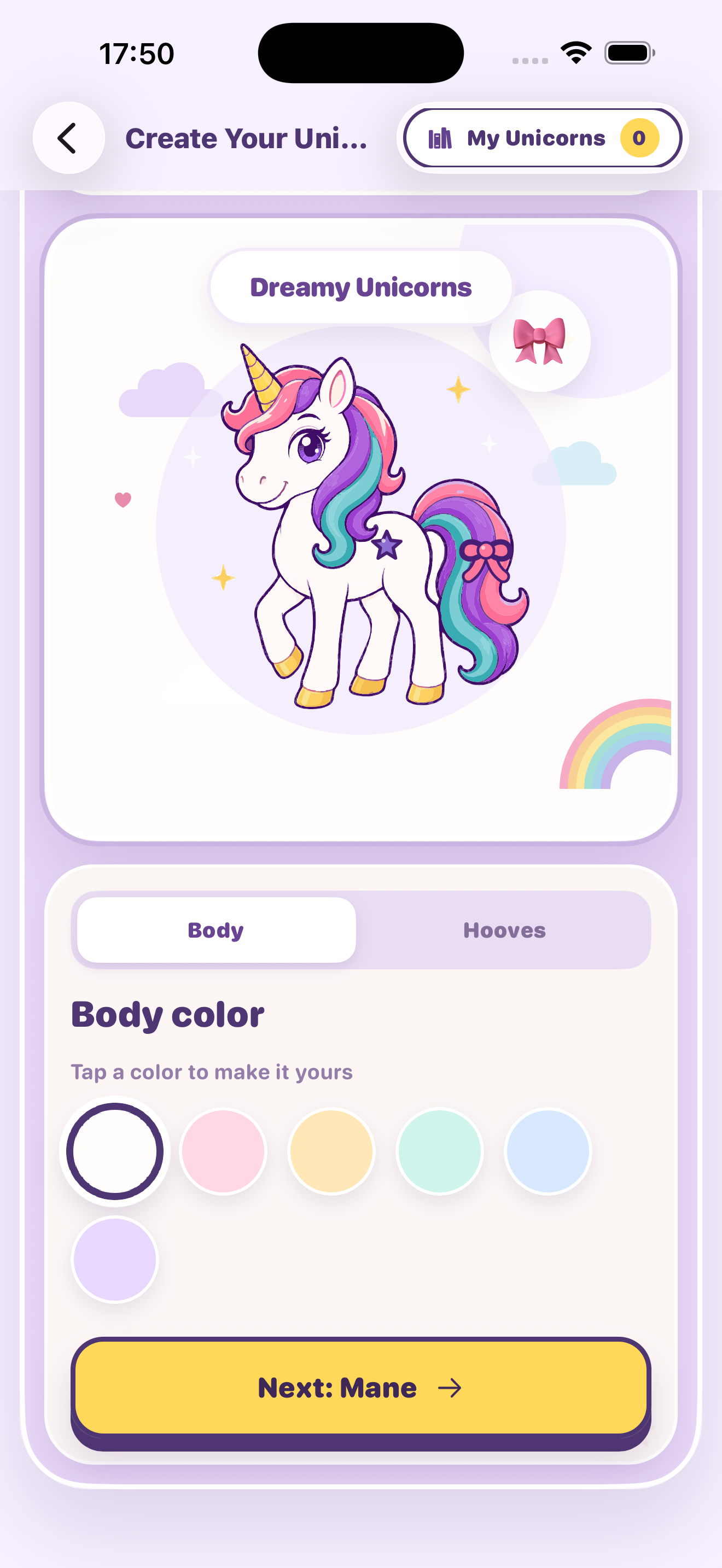 The Dreamy Unicorns body colour picker on iPhone, with six pastel swatches and a live preview of the unicorn above