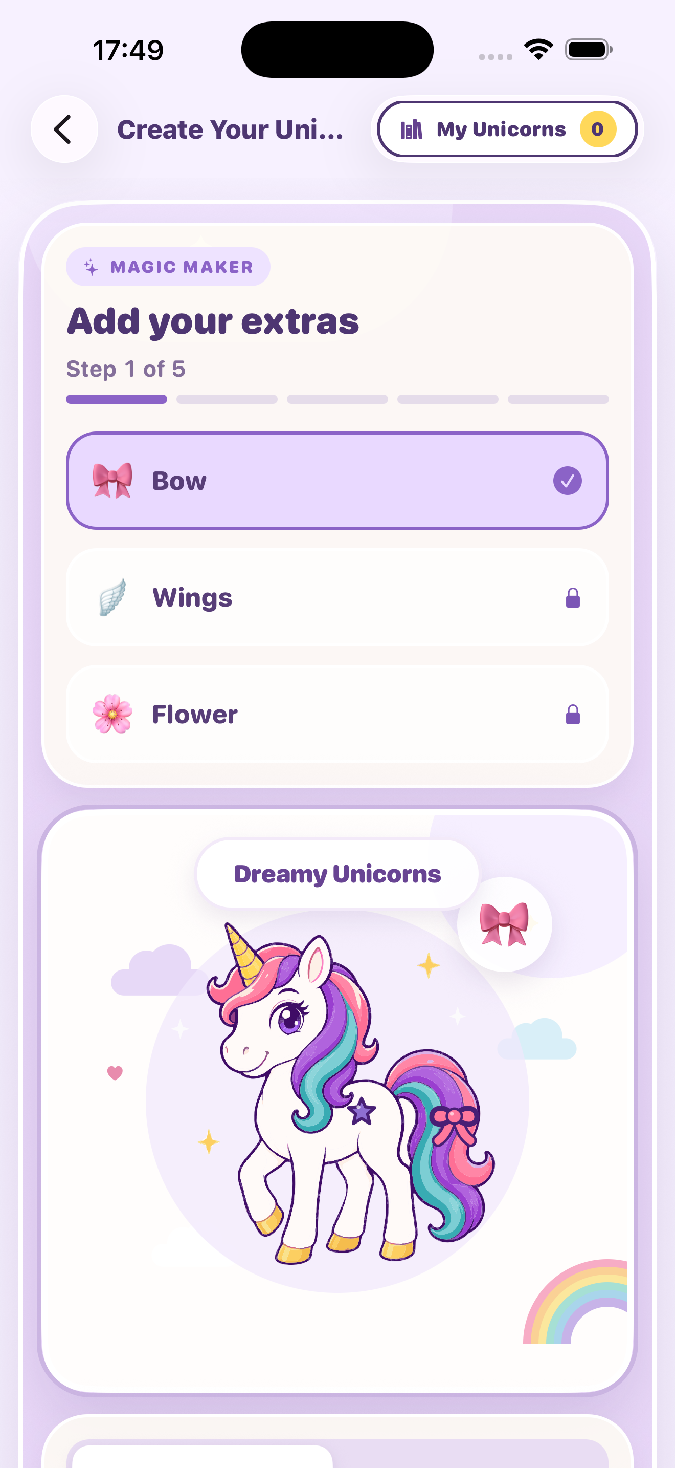 Step 1 of the Dreamy Unicorns builder, Add your extras, offering a bow with wings and flower shown as Premium