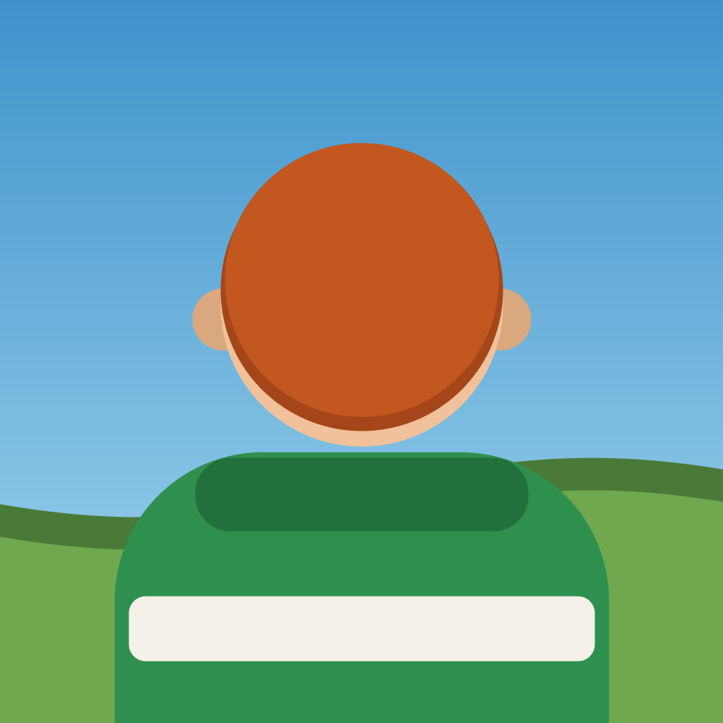 Jump Lad app icon: the red-haired lad in a green and white jersey, seen from behind against a blue sky and green hills