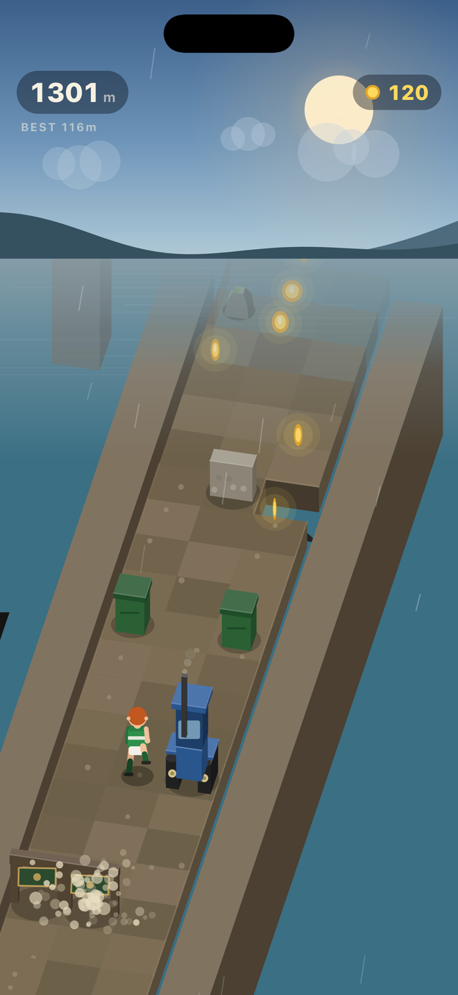 The lad running along a clifftop path above the Atlantic, next to a parked blue tractor
