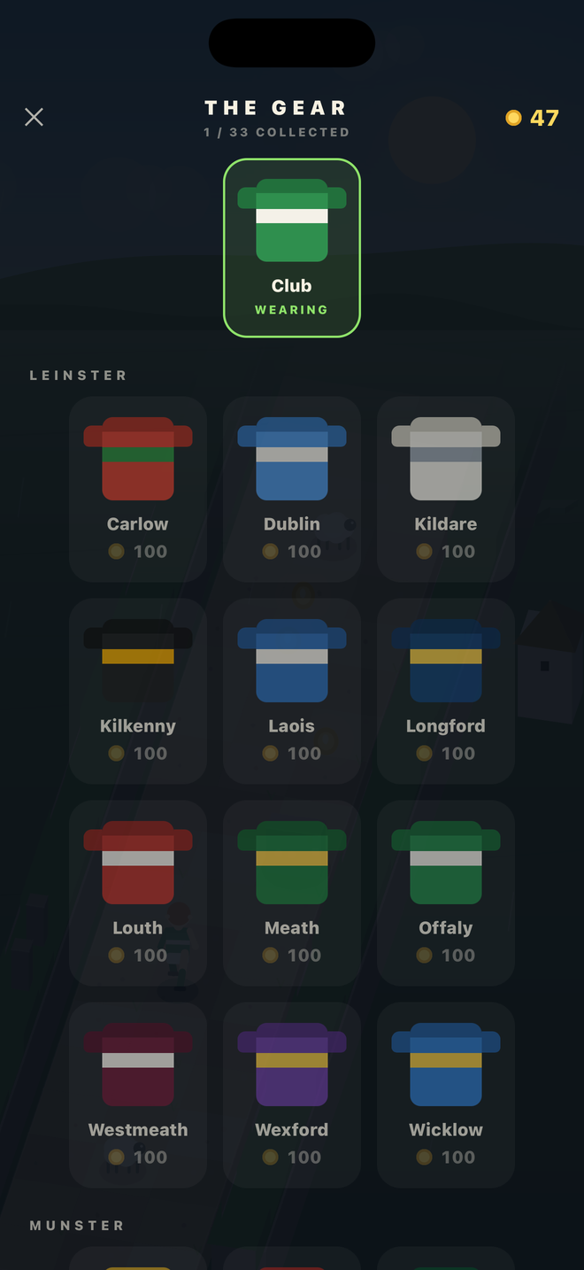 The Gear screen showing county jerseys for Leinster, including Carlow, Dublin, Kildare and Kilkenny, each costing 100 coins