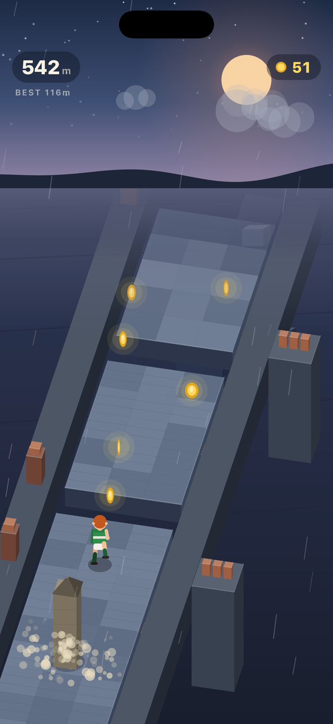 The lad leaping across slate rooftops at night in the rain, with chimney pots on either side