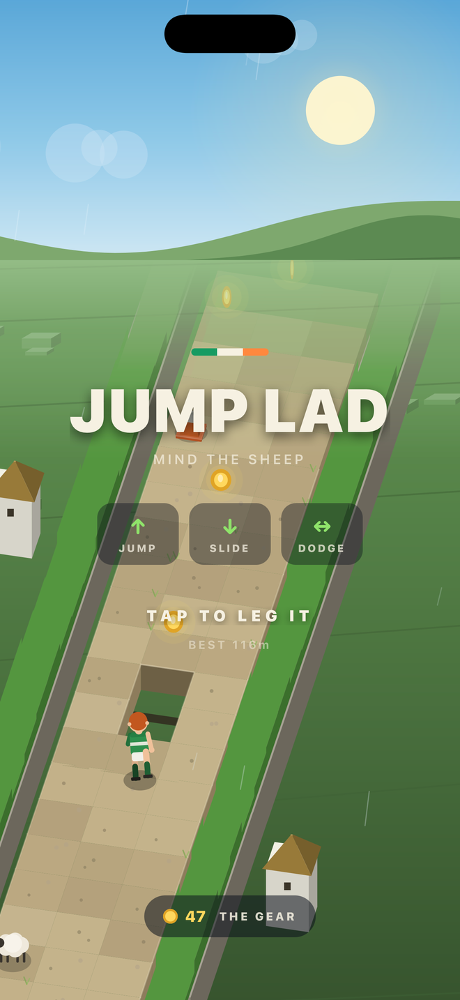 Jump Lad title screen: the lad on a country road with the controls jump, slide and dodge, and the prompt tap to leg it