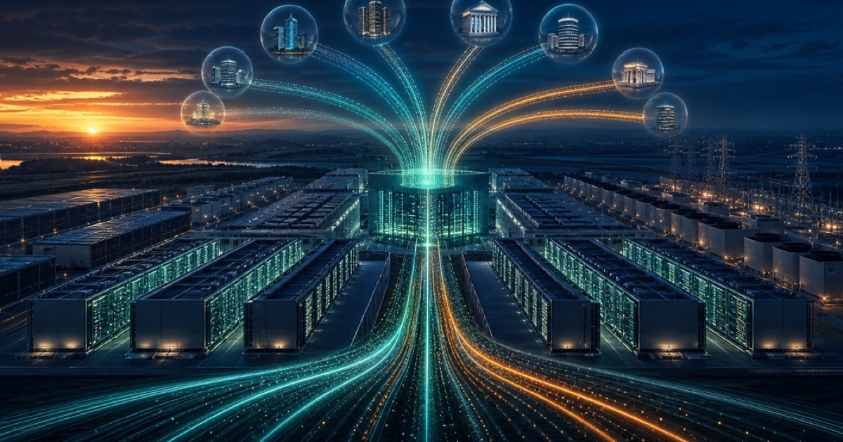 Editorial illustration of capital flowing into a large AI data-centre campus